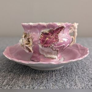 Antique Victorian Style Lusterware Cup and Saucer, Raised Floral Details